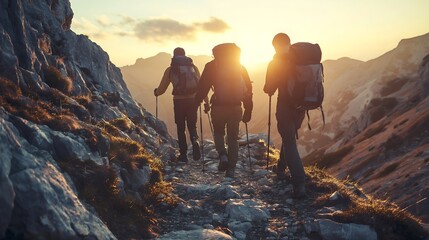 The back view of three men hiking a mountain through a narrow mountain trail