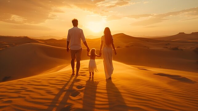 Family Walking in Desert at Sunset in Romantic Atmosphere