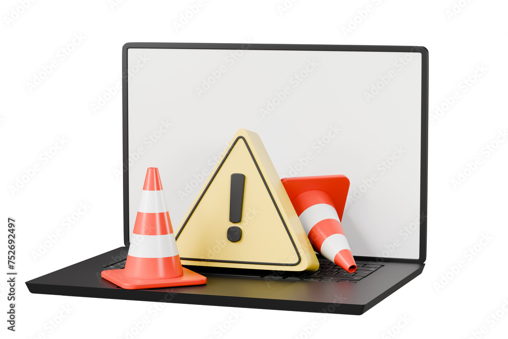 Fototapete 3d Traffic cones with attention on a laptop icon on isolated white background. Accident prevention concept. Minimal creative design icon. for website maintenance element. 3d rendering illustration.