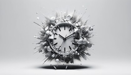 White Clock is breaking by exploding from inside, the clock explode with glass, bad time management in business concept
