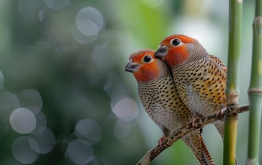 Intimate Moment, Finches with Red Masks on Bamboo Perch