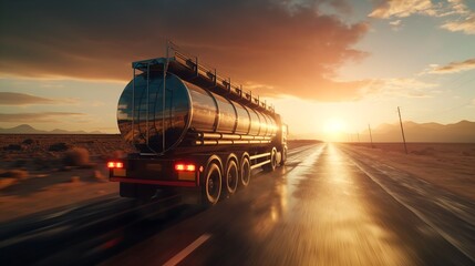 Rear view of a fuel truck driving on a On a deserted on a bright sunny day
