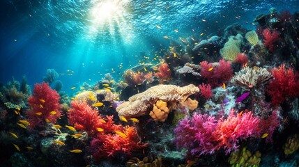 海とサンゴ礁、カラフルな熱帯の海中の風景 - obrazy, fototapety, plakaty
