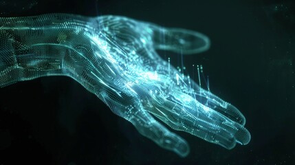 Virtual Digital hand of Artificial Intelligence (AI). deep learning concept. Hologram.
