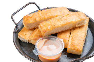 Close up,Cheese bread sticks with dipping cheese ,Butter  bread sticks isolated on white ,Butter ...