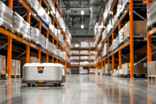 A robot is seated on the floor of a warehouse, surrounded by shelves and equipment, as part of a logistics concept utilizing technology in the storage facility.