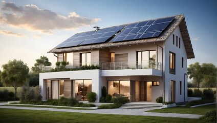 Fototapeta na wymiar Sustainable home power solutions with solar panels on roofs harnessing natural energy Generative AI