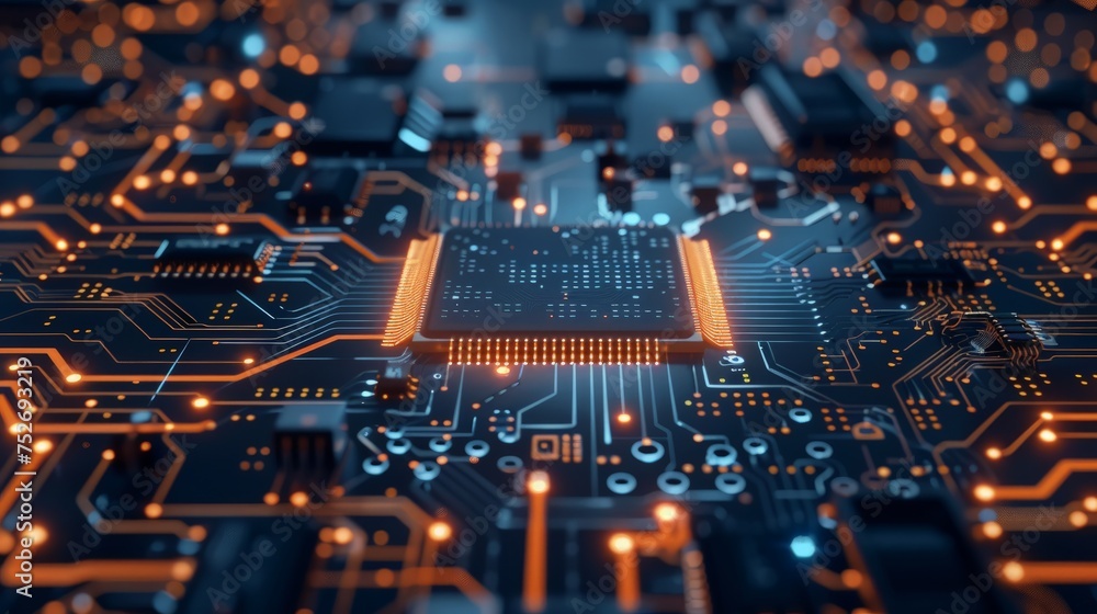 Poster advanced technology concept visualization: circuit board cpu processor microchip starting artificial