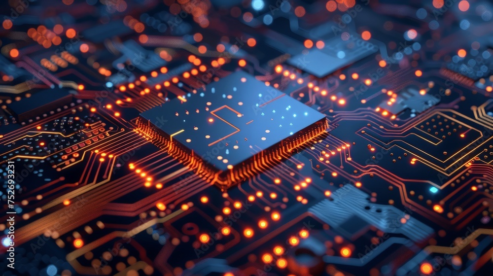 Poster advanced technology concept visualization: circuit board cpu processor microchip starting artificial