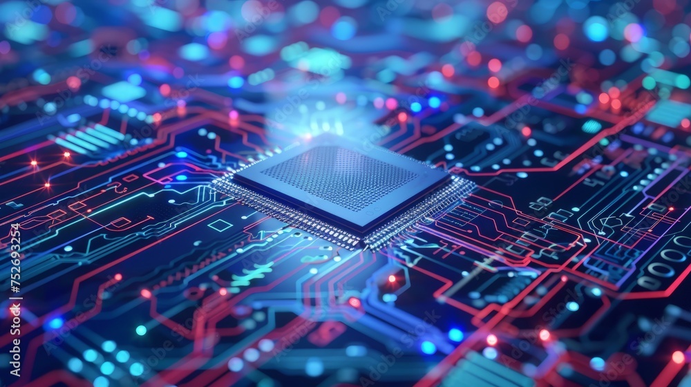 Poster advanced technology concept visualization: circuit board cpu processor microchip starting artificial