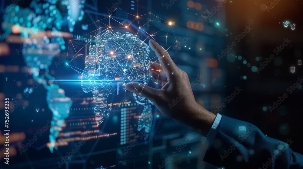 Poster ai tech, businessman show virtual graphic global internet connect chatgpt chat with ai, artificial i