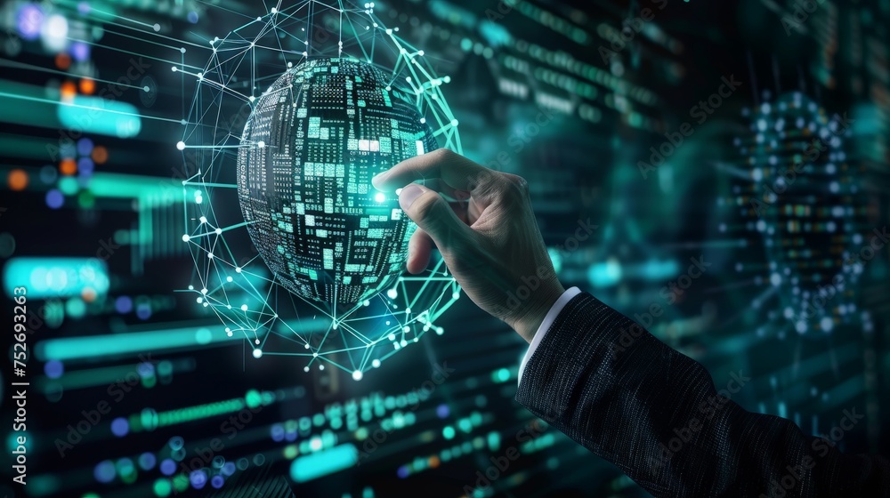 Poster ai tech, businessman show virtual graphic global internet connect chatgpt chat with ai, artificial i