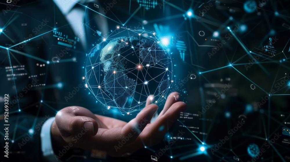 Poster ai tech, businessman show virtual graphic global internet connect chatgpt chat with ai, artificial i