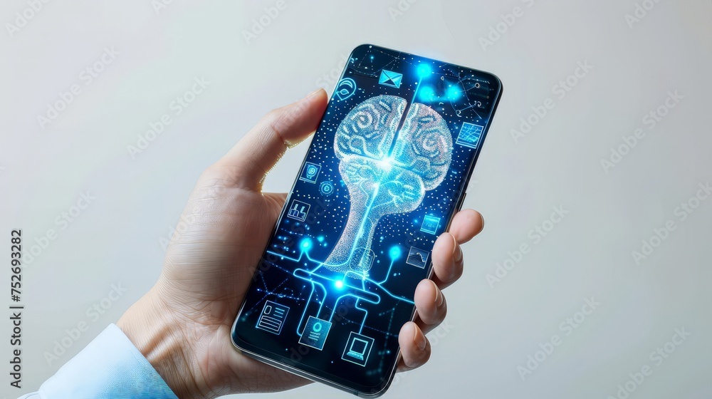 Poster ai(artificial intelligence) concept.,hand holding smartphone with ai virtual display over white back