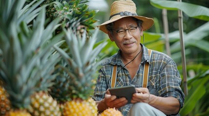 Portrait of a Asian man in his pineapple fruit field with holding a tab and a blurry dragon trees backdrop, Generative AI.