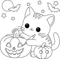 The playful cat carves pumpkins for Halloween coloring page.