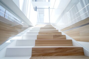 A wooden staircase inside a contemporary white modern house leads up to the second floor.