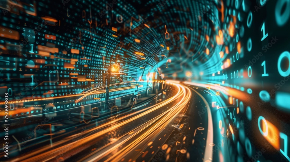 Poster digital data flow on road with motion blur to create vision of fast speed transfer . concept of futu