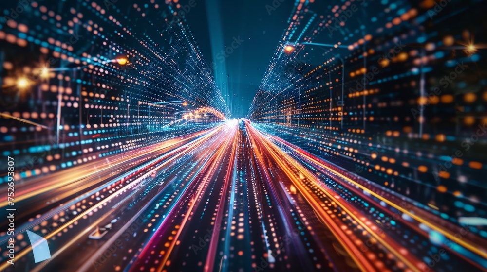Poster digital data flow on road with motion blur to create vision of fast speed transfer . concept of futu