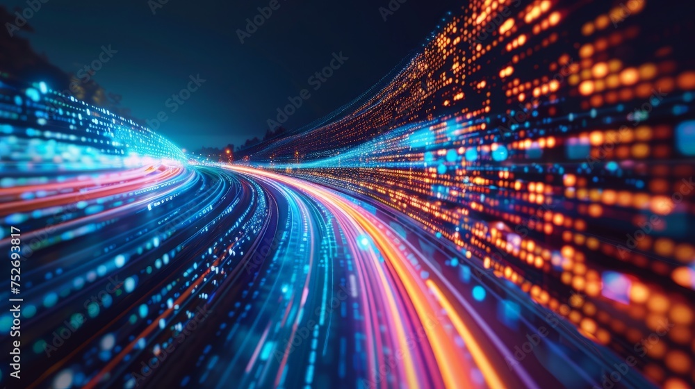 Poster digital data flow on road with motion blur to create vision of fast speed transfer . concept of futu