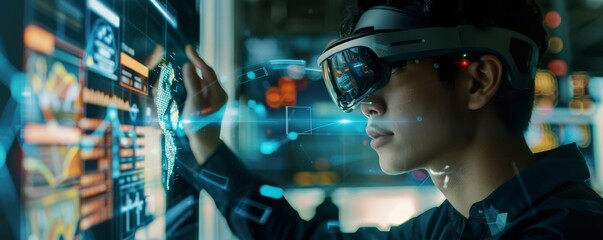 Young professional engaging with complex data through a futuristic augmented reality interface in a high-tech environment.
