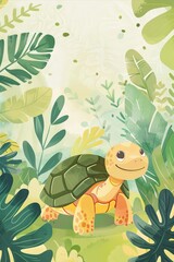 cute turtle with nature background. children illustration