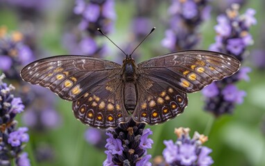 Butterfly Featuring Intricate Eye Patterns Alights on Fragrant Lavender Blooms
