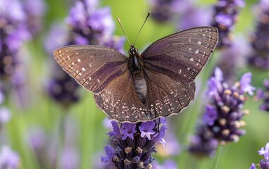 Fototapeta premium Fragrant Lavender Flowers Hosting Butterfly with Detailed Eye Patterns