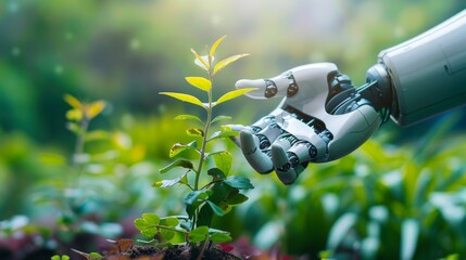 Environmental technology concept. Robot hand holding small plants with Environment icon.Artificial Intelligence and Technology ecology.