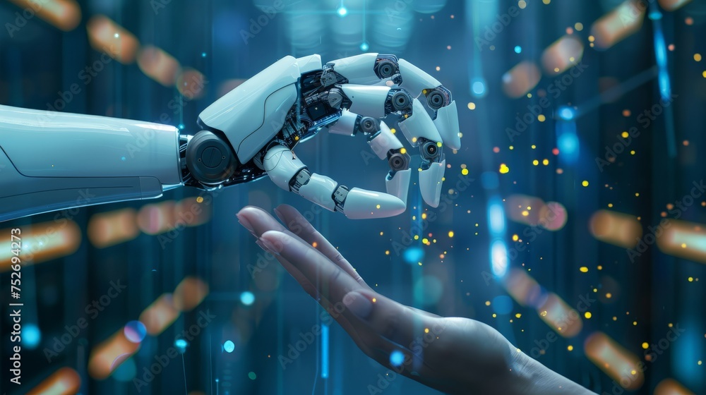 Poster human interact with ai artificial intelligence virtual assistant robot.
