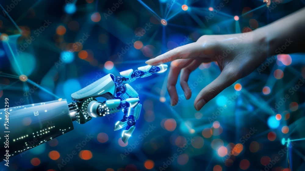 Poster human interact with ai artificial intelligence virtual assistant chatbot in concept of ai artificial