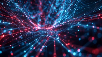 Fototapeta premium Motion graphics, sci-fi bg with flow of blue red neon glow lines form digital space. Connection concept. Visualization of neural network operation,
