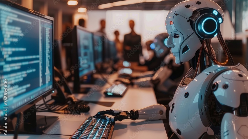 Poster robot working at computer among people. maschine typing on keyboard in office. it team of future. fu