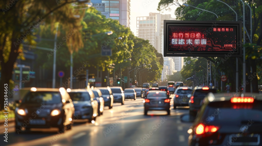 Poster a digital sign displaying realtime traffic conditions informs drivers of alternate routes and sugges