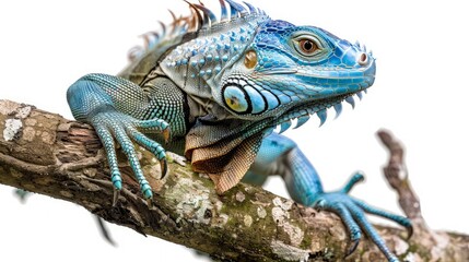 Fototapeta premium Studio portrait of a blue iguana on a tree branch. isolated on white background