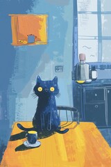 cute cat in the house illustration. children drawing style