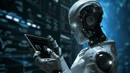 technology, Artificial Intelligence. man using technology smart robot AI, artificial intelligence by enter command prompt for generates something, Futuristic technology transformation