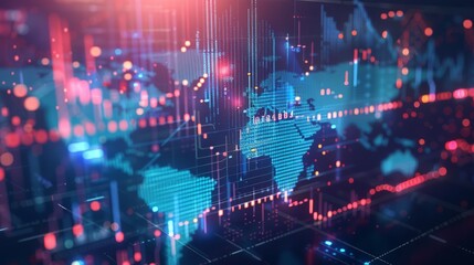 Obraz premium Trading market concept with financial graphs, glowing lines and diagram on digital screen at world map background.