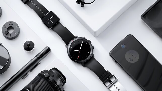 A sophisticated smartwatch laid out on a pristine white surface, offering advanced features and stylish design.