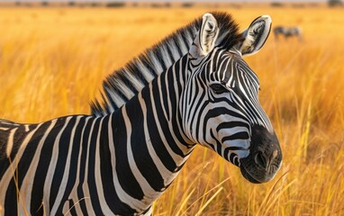 Fototapeta na wymiar Amidst the golden savanna grasses, a zebra reveals itself