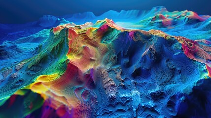 hydrographic terrain map of the ocean floor, red, yellow, green, blue, mapping highs and low...