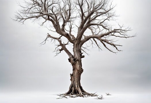 A bare tree stands in a white room with a white background.