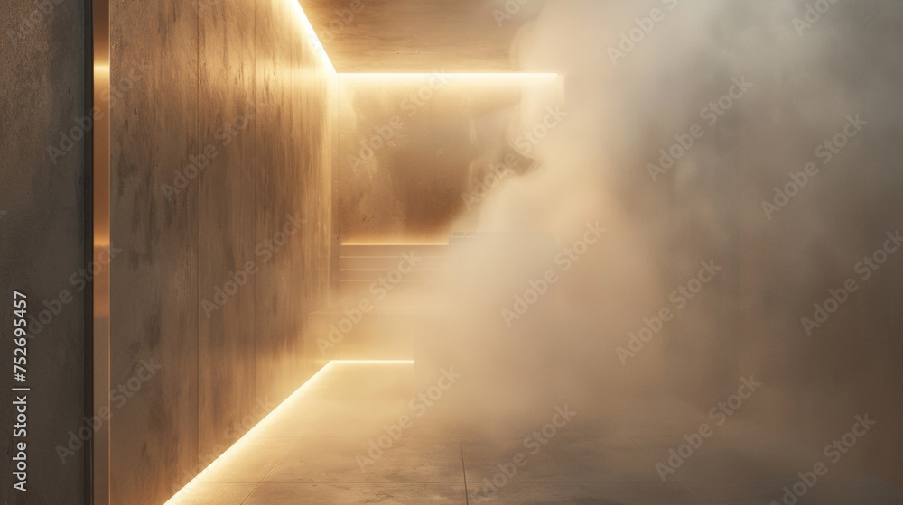 Poster the steam room showing a white generator in the corner creating a smooth and tranquil fog throughout