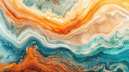 abstract fluid art design. The artwork should have a desert palette of sand beige, terra cotta, and sunset orange, set off by veins of turquoise - obrazy, fototapety, plakaty
