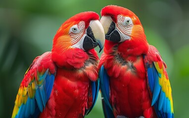 Intimate Perching, Scarlet Macaws Bring Vibrancy to Green Scenery