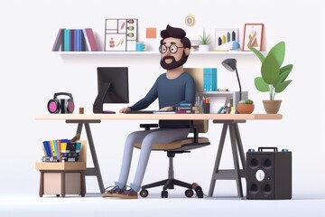 Cartoon character, a freelancer sitting at his desk in a modern home office setup, surrounded by gadgets and creative inspiration, on isolated white background, Generative AI