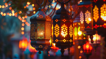 A detailed shot of intricate lantern decorations representing light and hope that adorn homes and...
