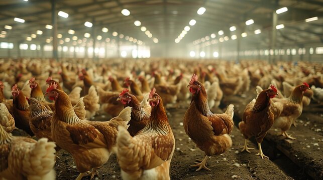 Portrait of chickens in chicken farm under a roof with a big blurry backdrop with lots of chickens and space for text or product, Generative AI.