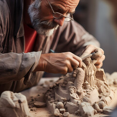 A close-up of a sculptor carving a stone figure.
