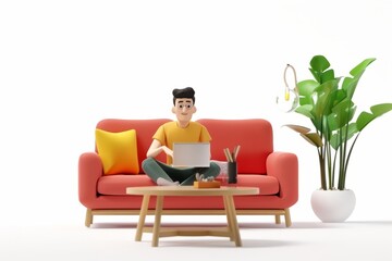 Cartoon character, a young professional balancing work and relaxation at home, with his laptop on the coffee table, on isolated white background, Generative AI